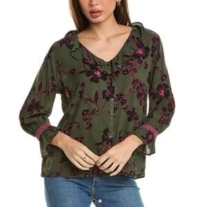 Bobeau Floral Ruffle Button Front Top Size 2X Olive Fuchsia 3/4 Sleeve Smocked